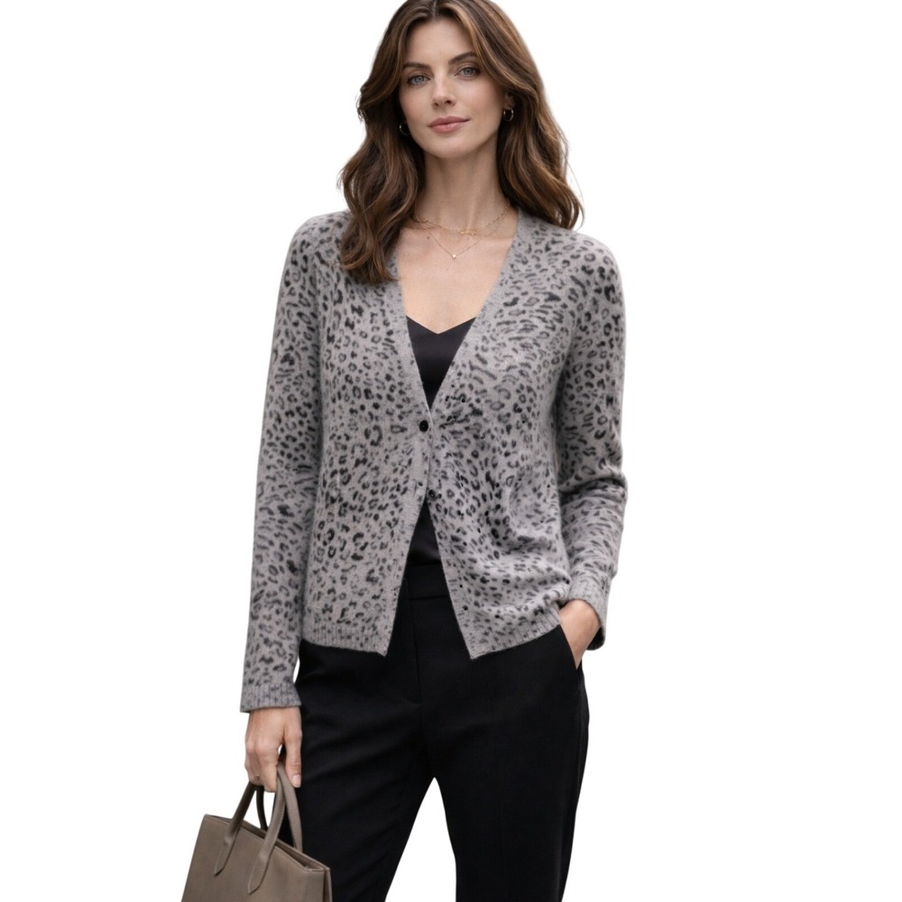 Gray Animal Print 2 Ply 100% Cashmere Cardigan M Quiet Luxury Knit Casual Chic